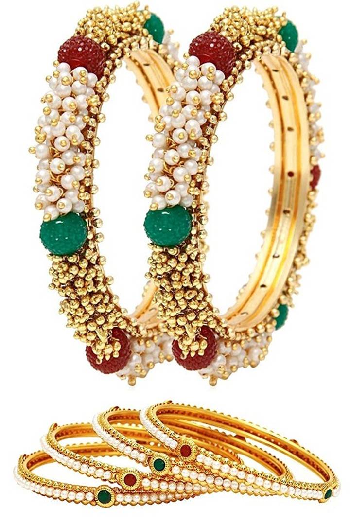 Traditional Pearl & Gold Combo Bangle (Pack Of 6)